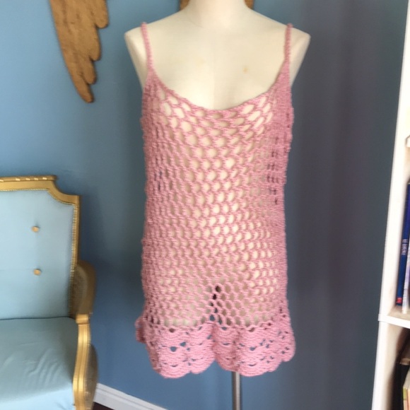 Dusty rose crocheted spaghetti straps scalloped edges pull over top size L boho - Picture 1 of 12